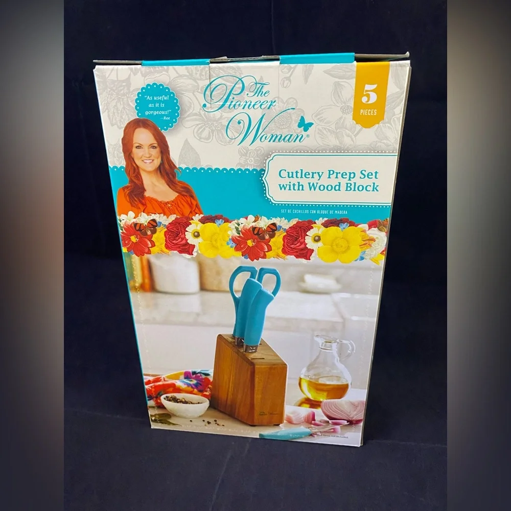 The Pioneer Woman Turquoise 5 Piece Cutlery Prep Set with Wood Block NIB